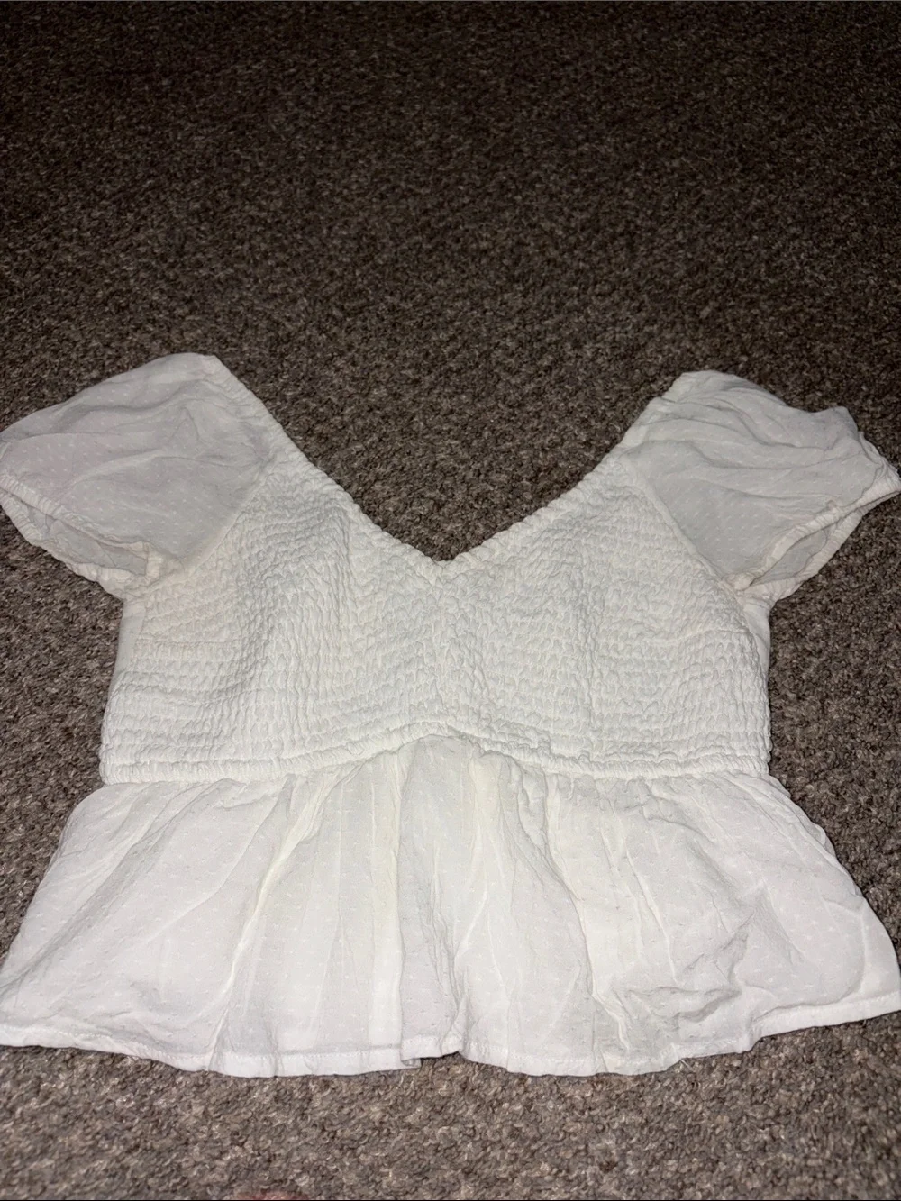 White Peplum Smocked V-Neck Top